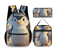 HETVBNS Cartoon Cute Penguin Backpack Set 3 Piece, Durable Backpack Insulated Lunch Bag Portable Pencil Case for Men Women