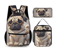 HETVBNS Cartoon Pug Backpack Set 3 Piece, Durable Backpack Insulated Lunch Bag Portable Pencil Case for Men Women