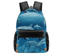 HETVBNS Casual Laptop Backpack for Women Men - 16.5 Inch Large Capacity Daypack Retro Aesthetic Rucksack Dolphins Blue Backpack Personal Item Travel Bag for Work Outdoor Sports