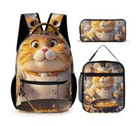 HETVBNS Cat Chef Backpack Set 3 Piece, Durable Backpack Insulated Lunch Bag Portable Pencil Case for Men Women