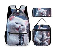 HETVBNS Cat Singer Backpack Set 3 Piece, Durable Backpack Insulated Lunch Bag Portable Pencil Case for Men Women