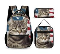 HETVBNS Cat Usa Flag Backpack Set 3 Piece, Durable Backpack Insulated Lunch Bag Portable Pencil Case for Men Women