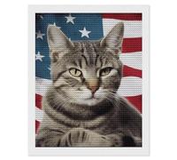 HETVBNS Cat USA Flag Diamond Painting Kits for Adults, Full Round Drill DIY Diamond Art for Beginners, 5D Gem Art and Crafts for Home Wall Decor 16"x20"