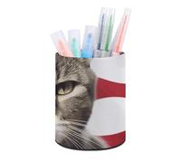 HETVBNS Cat Usa Flag Pen Holder for Desk PU Leather Round Desk Organizer Multifunctional Makeup Brush Storage Aesthetic Desktop Supplies Stylish Pencil Holder for Office & Home