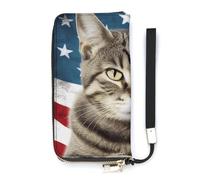 HETVBNS Cat Usa Flag Wallet, Elegant Wristlet Wallet with Multi-Card Slots, PU Leather Long Purse for Women, Men