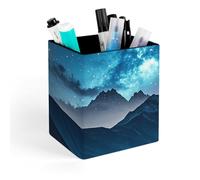 HETVBNS Celestial Night Sky Pen Holder for Desk - PU Leather Square Desk Organizer Travel Makeup Brush Storage Stylish Pencil Holder Desktop Stationery Organizer for Office & Home