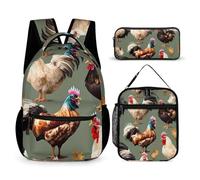 HETVBNS Chicken And Rooster Print Backpack Set 3 Piece, Durable Backpack Insulated Lunch Bag Portable Pencil Case for Men Women
