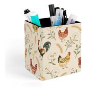 HETVBNS Chicken And Rooster Print Pen Holder for Desk - PU Leather Square Desk Organizer Travel Makeup Brush Storage Stylish Pencil Holder Desktop Stationery Organizer for Office & Home