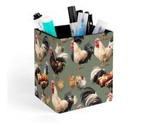 HETVBNS Chicken And Rooster Print Pen Holder for Desk - PU Leather Square Desk Organizer Travel Makeup Brush Storage Stylish Pencil Holder Desktop Stationery Organizer for Office & Home