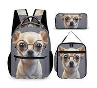 HETVBNS Chihuahua Dog Glasses Backpack Set 3 Piece, Durable Backpack Insulated Lunch Bag Portable Pencil Case for Men Women