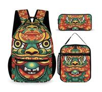 HETVBNS Chinese Lion New Year Backpack Set 3 Piece, Durable Backpack Insulated Lunch Bag Portable Pencil Case for Men Women