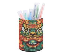 HETVBNS Chinese Lion New Year Pen Holder for Desk PU Leather Round Desk Organizer Multifunctional Makeup Brush Storage Aesthetic Desktop Supplies Stylish Pencil Holder for Office & Home