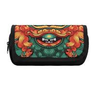 HETVBNS Chinese Lion New Year Pencil Case Extra Large, Double Layer Pencil Pouch with Zipper, Portable Cosmetic Bags for Travel, Office Stationery Organizer for Women Men