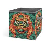 HETVBNS Chinese Lion New Year Storage Bins 10.6 Inch, Oxford Fabric Foldable Storage Cube Organizer Basket with Handles, Fabric Bins for Closet Shelves, Toys, Clothes, Books, Bedroom