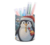 HETVBNS Christmas Funny Penguin Pen Holder for Desk PU Leather Round Desk Organizer Multifunctional Makeup Brush Storage Aesthetic Desktop Supplies Stylish Pencil Holder for Office & Home