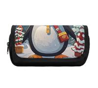 HETVBNS Christmas Funny Penguin Pencil Case Extra Large, Double Layer Pencil Pouch with Zipper, Portable Cosmetic Bags for Travel, Office Stationery Organizer for Women Men