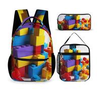 HETVBNS Colorful Building Blocks Backpack Set 3 Piece, Durable Backpack Insulated Lunch Bag Portable Pencil Case for Men Women