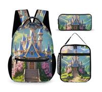 HETVBNS Colorful Castle Backpack Set 3 Piece, Durable Backpack Insulated Lunch Bag Portable Pencil Case for Men Women