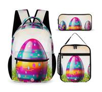 HETVBNS Colorful Easter Egg Backpack Set 3 Piece, Durable Backpack Insulated Lunch Bag Portable Pencil Case for Men Women