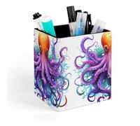 HETVBNS Colorful Octopus Pen Holder for Desk - PU Leather Square Desk Organizer Travel Makeup Brush Storage Stylish Pencil Holder Desktop Stationery Organizer for Office & Home
