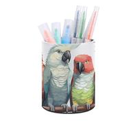 HETVBNS Colorful Parrots On Tree Pen Holder for Desk PU Leather Round Desk Organizer Multifunctional Makeup Brush Storage Aesthetic Desktop Supplies Stylish Pencil Holder for Office & Home