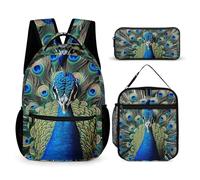 HETVBNS Colorful Peacock Feathers Backpack Set 3 Piece, Durable Backpack Insulated Lunch Bag Portable Pencil Case for Men Women