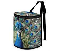 HETVBNS Colorful Peacock Feathers Car Trash Can with Lid, Leakproof Hanging Automotive Trash Bin, Waterproof Garbage Storage Bag for Vehicles, RV, Bathroom, Office