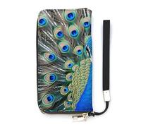 HETVBNS Colorful Peacock Feathers Wallet, Elegant Wristlet Wallet with Multi-Card Slots, PU Leather Long Purse for Women, Men
