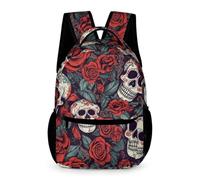 HETVBNS Comfortable 16in Backpack with Front Zipper & Dual Mesh Pockets | Sugar Skulls And Red Roses Backpack with Padded Straps, Casual Lightweight Daypack for Work Commute, Travel, Hiking