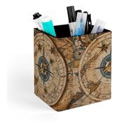 HETVBNS Compass And Old World Map Pen Holder for Desk - PU Leather Square Desk Organizer Travel Makeup Brush Storage Stylish Pencil Holder Desktop Stationery Organizer for Office & Home