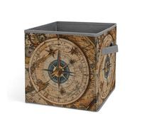 HETVBNS Compass And Old World Map Storage Bins 10.6 Inch, Oxford Fabric Foldable Storage Cube Organizer Basket with Handles, Fabric Bins for Closet Shelves, Toys, Clothes, Books, Bedroom
