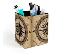 HETVBNS Compass Wind Road Map Pen Holder for Desk - PU Leather Square Desk Organizer Travel Makeup Brush Storage Stylish Pencil Holder Desktop Stationery Organizer for Office & Home