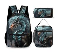 HETVBNS Cool Dragon Backpack Set 3 Piece, Durable Backpack Insulated Lunch Bag Portable Pencil Case for Men Women