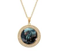 HETVBNS - Cool dragon necklace, round alloy pendant with diamond, elegant pendant necklace for women men, Una talla, Metal, Alloy.