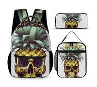HETVBNS Cool Skull Pineapple Backpack Set 3 Piece, Durable Backpack Insulated Lunch Bag Portable Pencil Case for Men Women