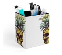HETVBNS Cool Skull Pineapple Pen Holder for Desk - PU Leather Square Desk Organizer Travel Makeup Brush Storage Stylish Pencil Holder Desktop Stationery Organizer for Office & Home