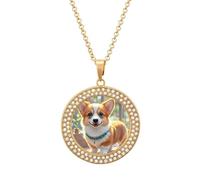 HETVBNS - Corgi Dog Illustration Necklace, Alloy Round Pendant with Diamond, Elegant Pendant Necklace for Women Men, Una talla, Metal, Alloy.