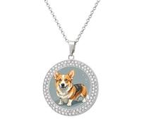 HETVBNS - Corgi Pattern Necklace, Alloy Round Pendant with Diamond, Elegant Pendant Necklace for Women Men, Una talla, Metal, Alloy.