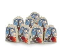 HETVBNS Cotton Linen Drawstring Bags (8-Pack) - 4.9x6.7 Inches Small Pouches Eiffel Tower with Red Umbrella Storage Bag for Cosmetics, Reusable Gift Bags for Jewelry, Travel, Wedding