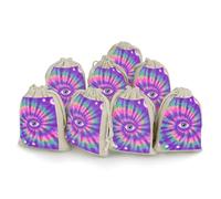 HETVBNS Cotton Linen Drawstring Bags (8-Pack) - 4.9x6.7 Inches Small Pouches Tie Dye Hippies Print Storage Bag for Cosmetics, Reusable Gift Bags for Jewelry, Travel, Wedding