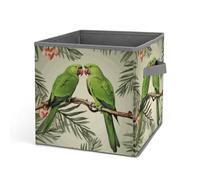 HETVBNS Couple Parrots Olive Storage Bins 10.6 Inch, Oxford Fabric Foldable Storage Cube Organizer Basket with Handles, Fabric Bins for Closet Shelves, Toys, Clothes, Books, Bedroom