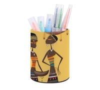 HETVBNS Creative African Culture Pen Holder for Desk PU Leather Round Desk Organizer Multifunctional Makeup Brush Storage Aesthetic Desktop Supplies Stylish Pencil Holder for Office & Home