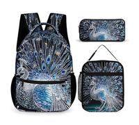 HETVBNS Crystal Peacock Backpack Set 3 Piece, Durable Backpack Insulated Lunch Bag Portable Pencil Case for Men Women
