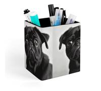 HETVBNS Cute Black Pug Dog Pen Holder for Desk - PU Leather Square Desk Organizer Travel Makeup Brush Storage Stylish Pencil Holder Desktop Stationery Organizer for Office & Home