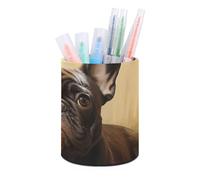 HETVBNS Cute French Bulldog Graphics Pen Holder for Desk PU Leather Round Desk Organizer Multifunctional Makeup Brush Storage Aesthetic Desktop Supplies Stylish Pencil Holder for Office & Home