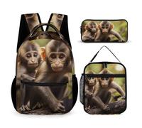 HETVBNS Cute Little Monkeys Backpack Set 3 Piece, Durable Backpack Insulated Lunch Bag Portable Pencil Case for Men Women