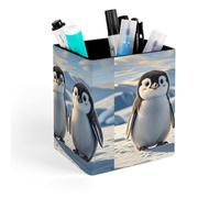 HETVBNS Cute Penguins Pen Holder for Desk - PU Leather Square Desk Organizer Travel Makeup Brush Storage Stylish Pencil Holder Desktop Stationery Organizer for Office & Home