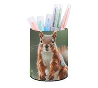 HETVBNS Cute Squirrels Pen Holder for Desk PU Leather Round Desk Organizer Multifunctional Makeup Brush Storage Aesthetic Desktop Supplies Stylish Pencil Holder for Office & Home