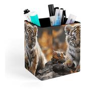 HETVBNS Cute Tiger Pen Holder for Desk - PU Leather Square Desk Organizer Travel Makeup Brush Storage Stylish Pencil Holder Desktop Stationery Organizer for Office & Home