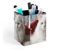 HETVBNS Cute White Cat Pen Holder for Desk - PU Leather Square Desk Organizer Travel Makeup Brush Storage Stylish Pencil Holder Desktop Stationery Organizer for Office & Home